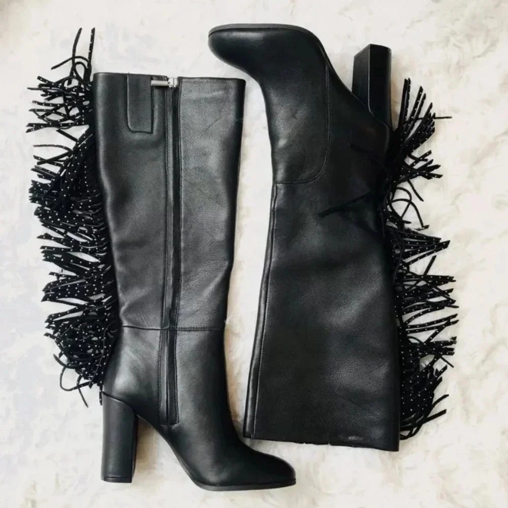 Kenneth Cole Knee High Justin Studded Fringe Boots Black REAL Leather, Sz 9.5NIB